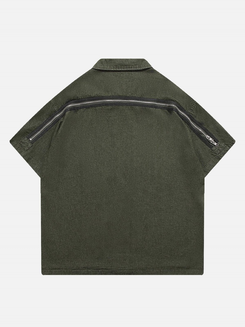 Chemise à Manches Courtes Aelfric Eden Solid Zip Design Vert | TWB-19735534